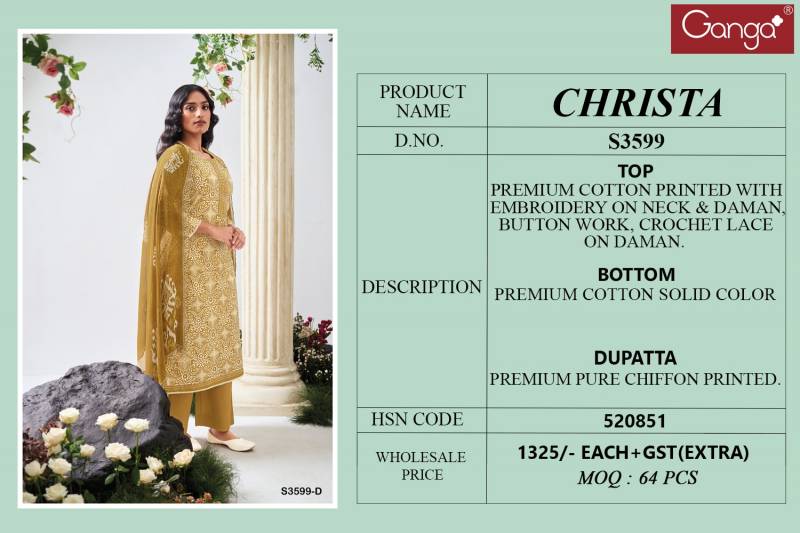 Ganga Christa Cotton Printed Embroidered Salwar Suit Collection