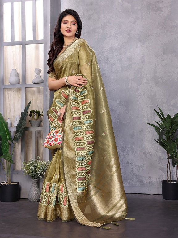 Rajwadi Party Wear Sequence Embroidery Worked Cotton Khadi Silk Saree with Un Stitched Blouse