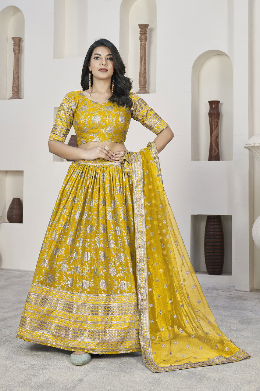 Aawiya Aalisha Vol 1 1018 Yellow Dola Jacquard Zari Sequins Embroidery Lehenga Choli