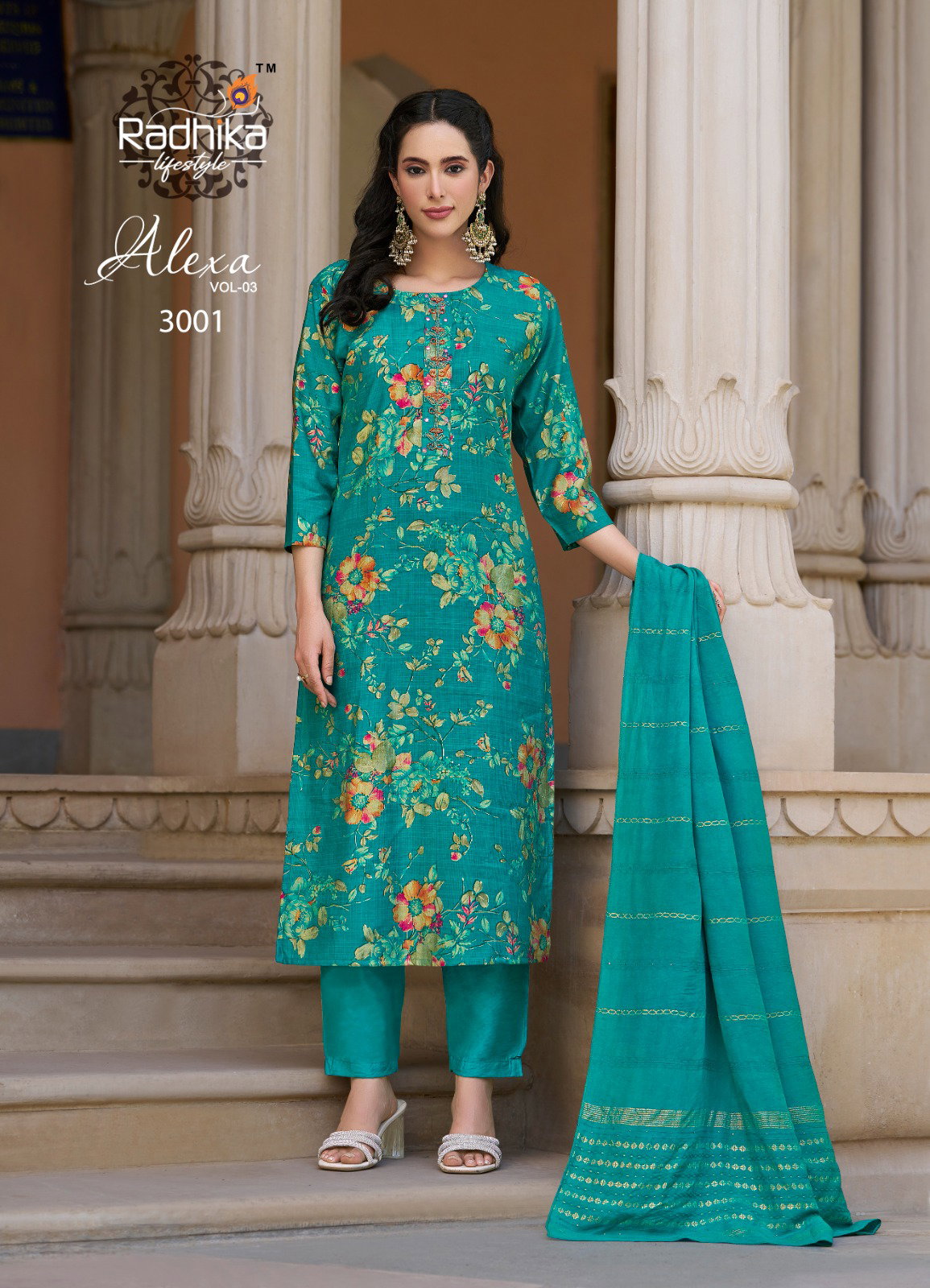 Radhika Alexa Vol 3 Vertican Silk Foil Printed Kurti Pant With Dupatta