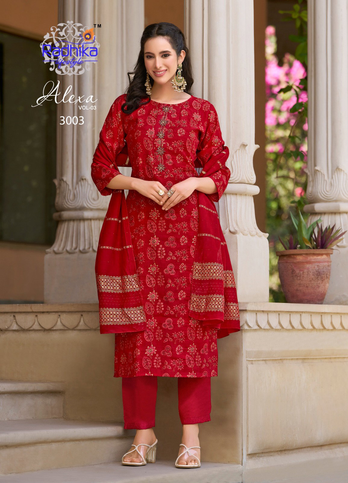 Radhika Alexa Vol 3 Vertican Silk Foil Printed Kurti Pant With Dupatta