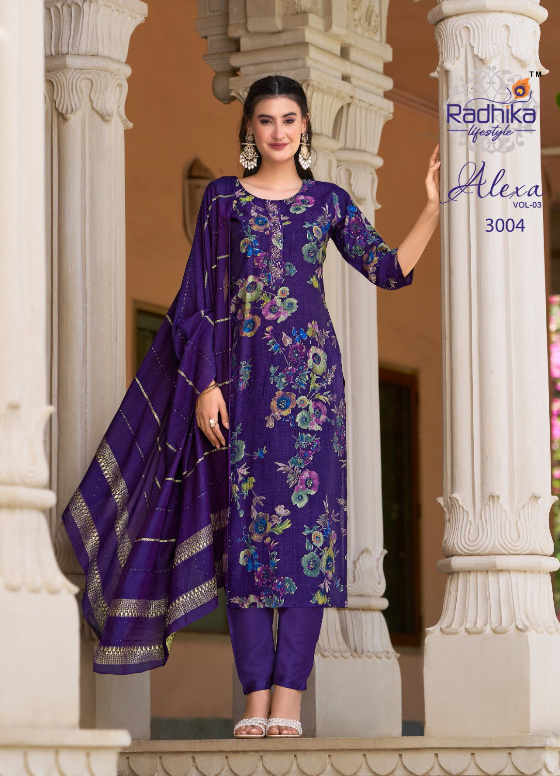 Radhika Alexa Vol 3 Vertican Silk Foil Printed Kurti Pant With Dupatta