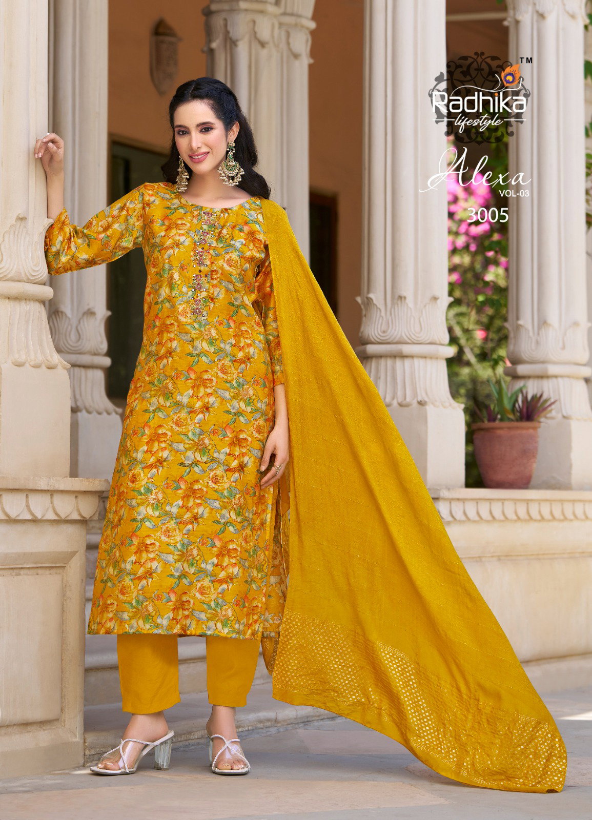 Radhika Alexa Vol 3 Vertican Silk Foil Printed Kurti Pant With Dupatta
