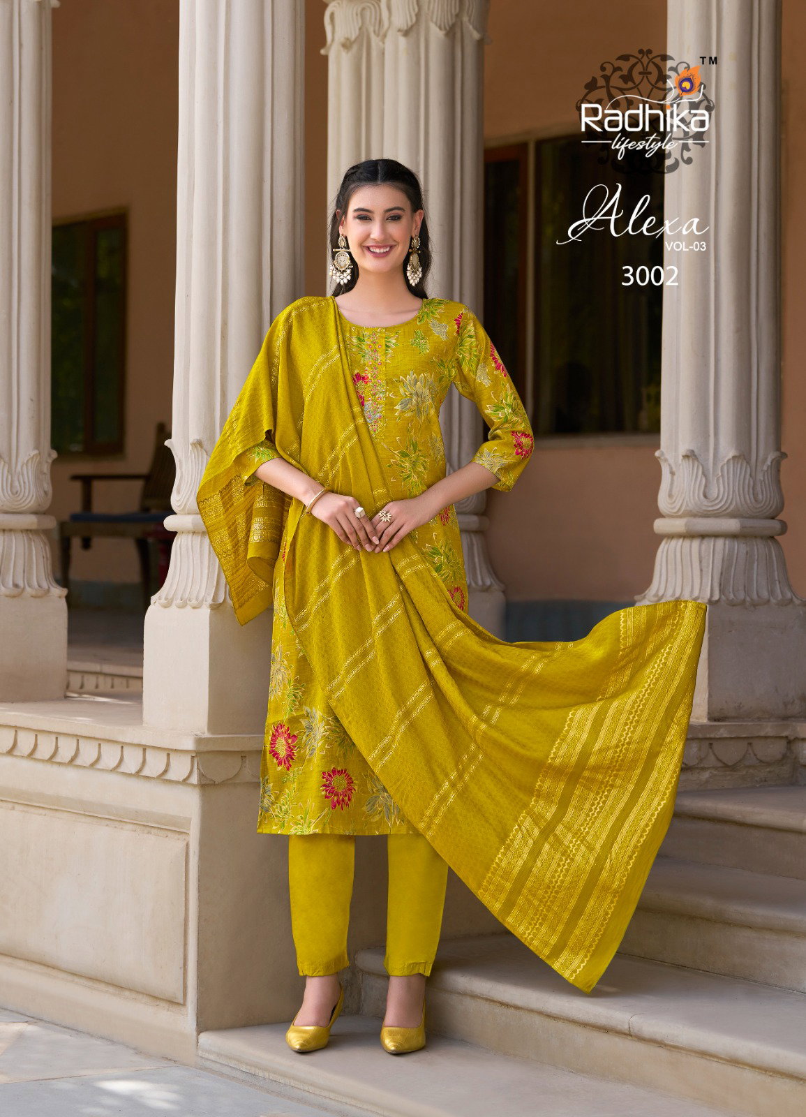 Radhika Alexa Vol 3 Vertican Silk Foil Printed Kurti Pant With Dupatta