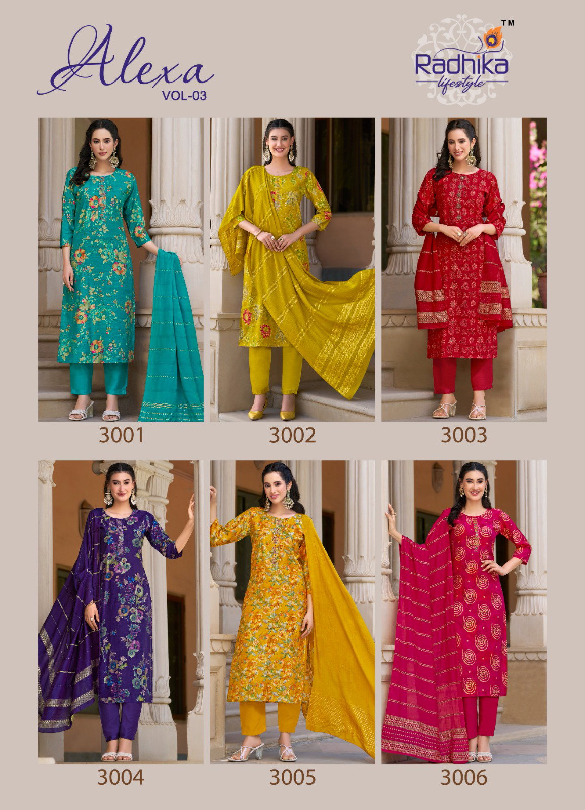 Radhika Alexa Vol 3 Vertican Silk Foil Printed Kurti Pant With Dupatta