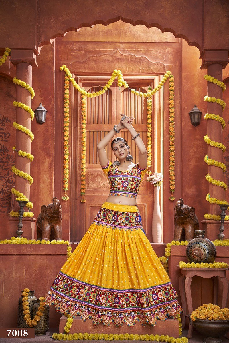 Aawiya Rajwadi Vol 4 D.no 7008 Yellow Mix Cotton Silk Bandhej Printed lehenga Choli