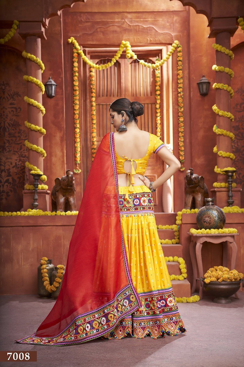 Aawiya Rajwadi Vol 4 D.no 7008 Yellow Mix Cotton Silk Bandhej Printed lehenga Choli