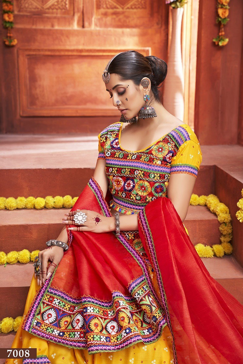 Aawiya Rajwadi Vol 4 D.no 7008 Yellow Mix Cotton Silk Bandhej Printed lehenga Choli