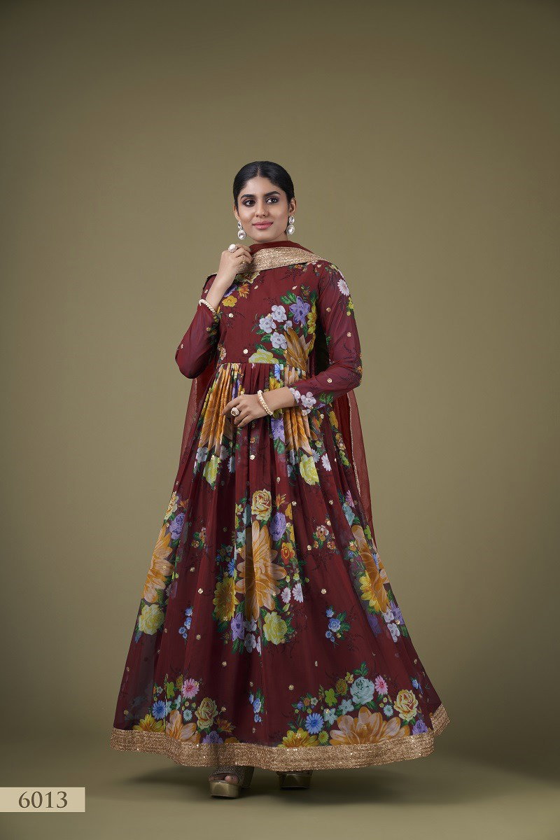 Aawiya Floral Vol 1 6013 Maroon Faux Georgette Floral Printed Gown Collection