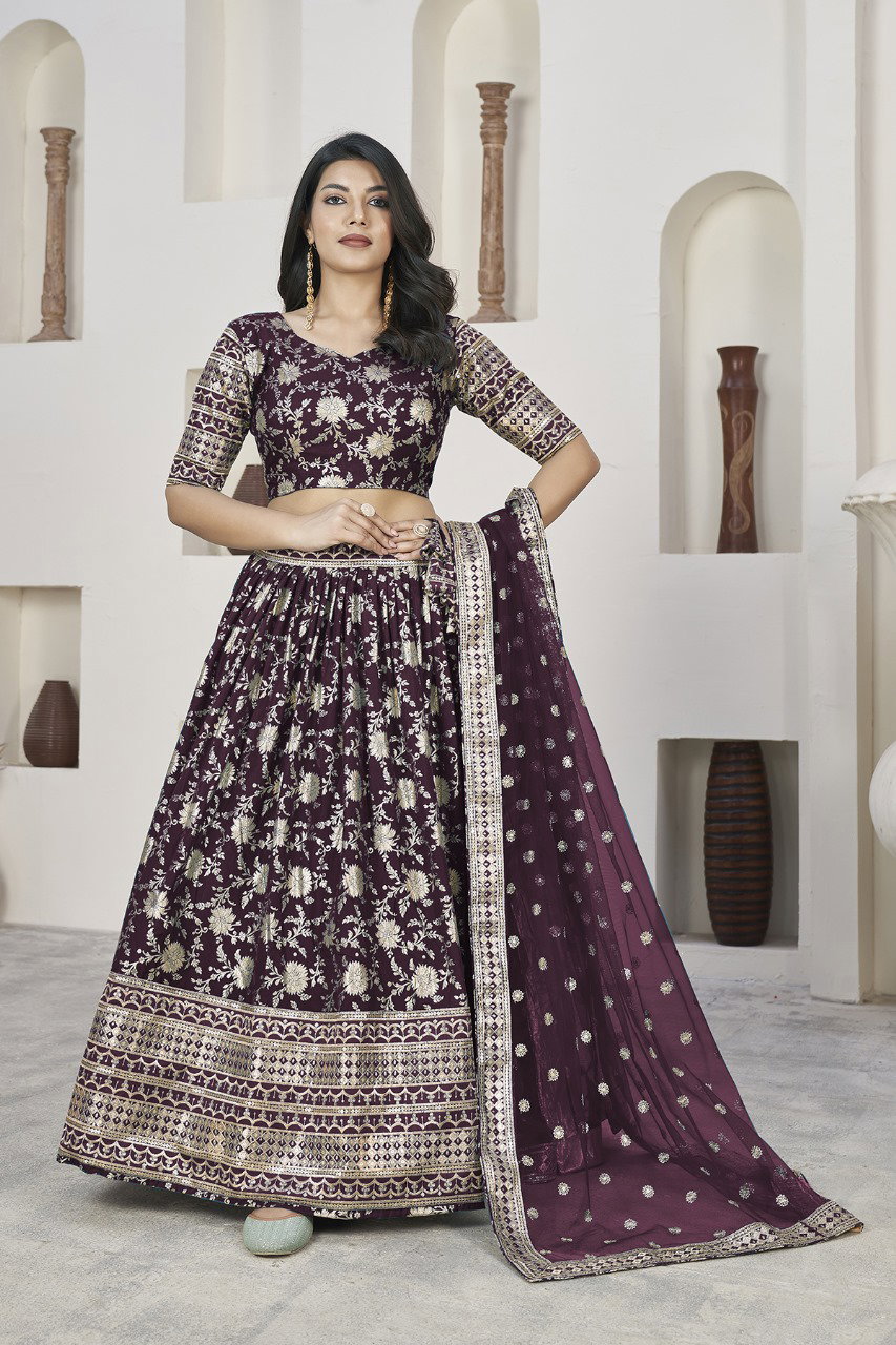 Aawiya Aalisha Vol 1 1019 Wine Dola Jacquard Zari Sequins Embroidered Lehenga Choli