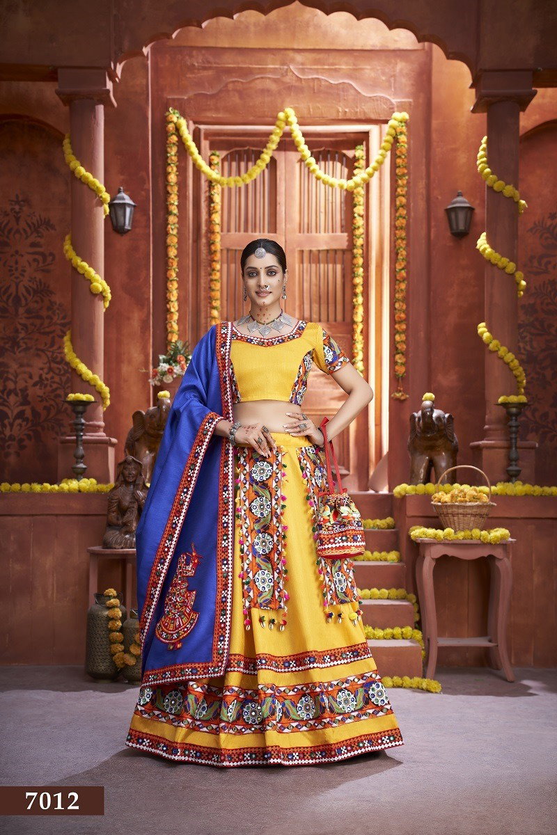 Aawiya Rajwadi Vol 3 D no. 7012 Yellow Art Silk Gamthi Work Lehenga Choli