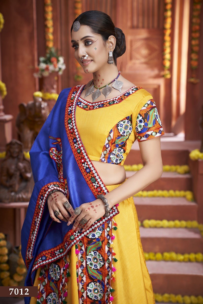 Aawiya Rajwadi Vol 3 D no. 7012 Yellow Art Silk Gamthi Work Lehenga Choli