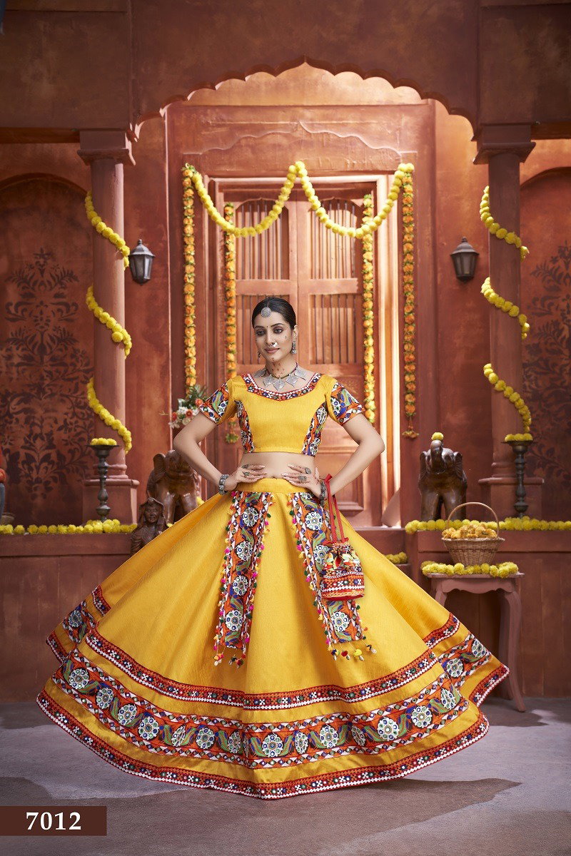 Aawiya Rajwadi Vol 3 D no. 7012 Yellow Art Silk Gamthi Work Lehenga Choli