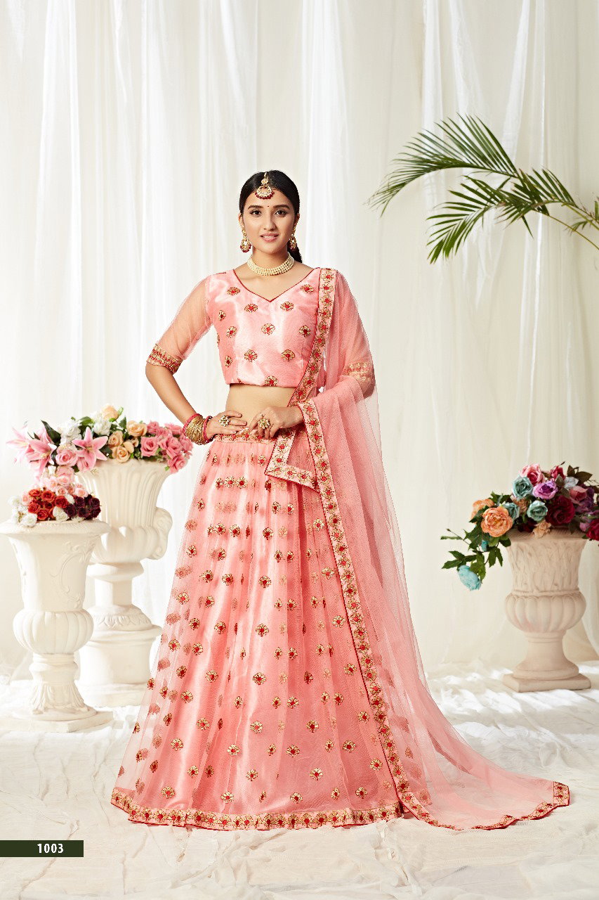 Aawiya Agnilekha D no. 1003 Peach Soft Net Embroidered Lehenga Choli