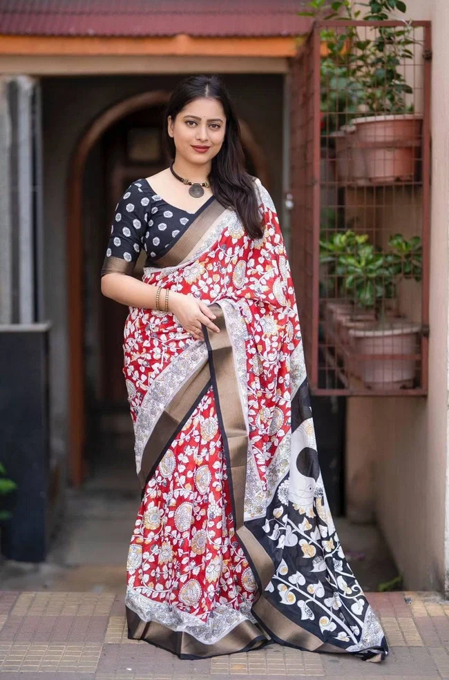 Scmd Kalamkari 01 Designer flowy Linen silk cotton saree Collection