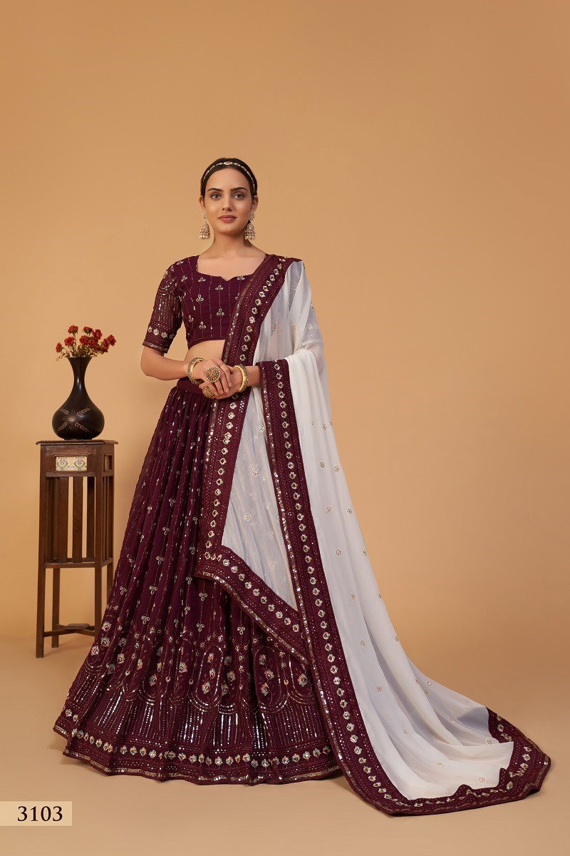 Aawiya Sanaya Vol 1 SKU 3103 Plum Georgette Sequins Embroidered Lehenga Choli