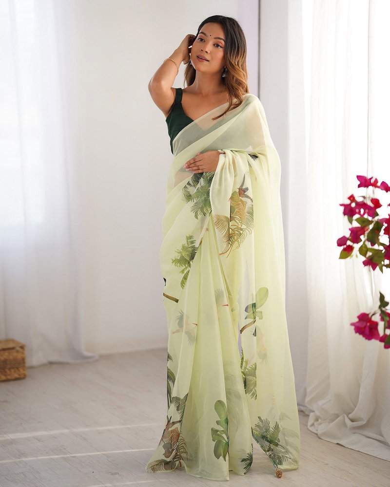 Ziva 45 Party Wear Flower Printed Organza Saree with Un Stitched Blouse