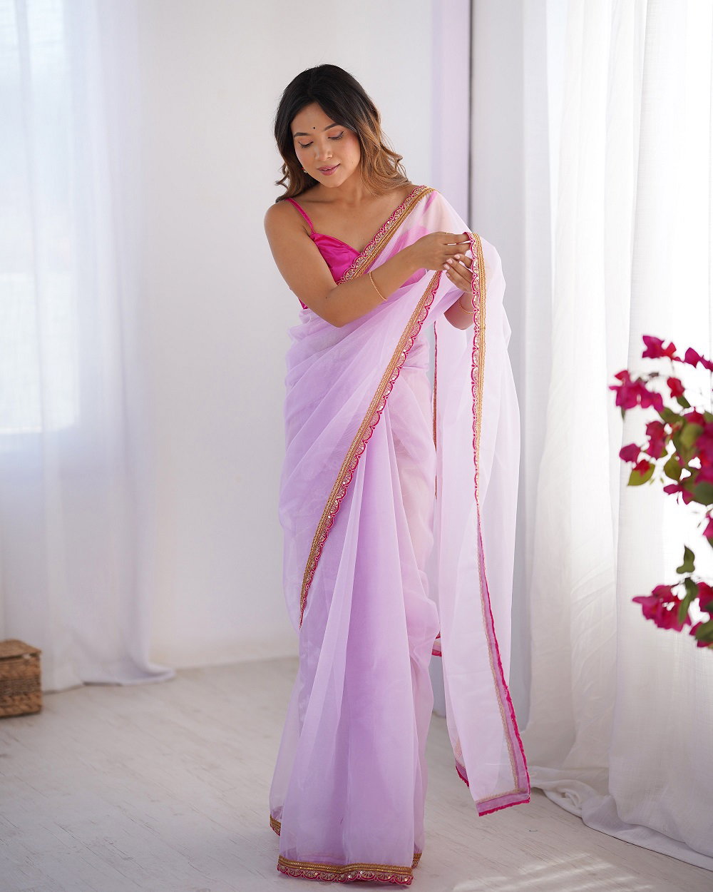 Ziva 45 Party Wear Flower Printed Organza Saree with Un Stitched Blouse