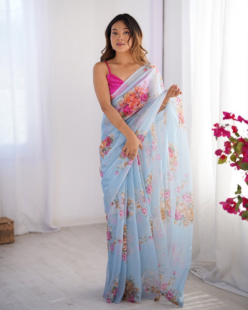 Ziva 45 Party Wear Flower Printed Organza Saree with Un Stitched Blouse