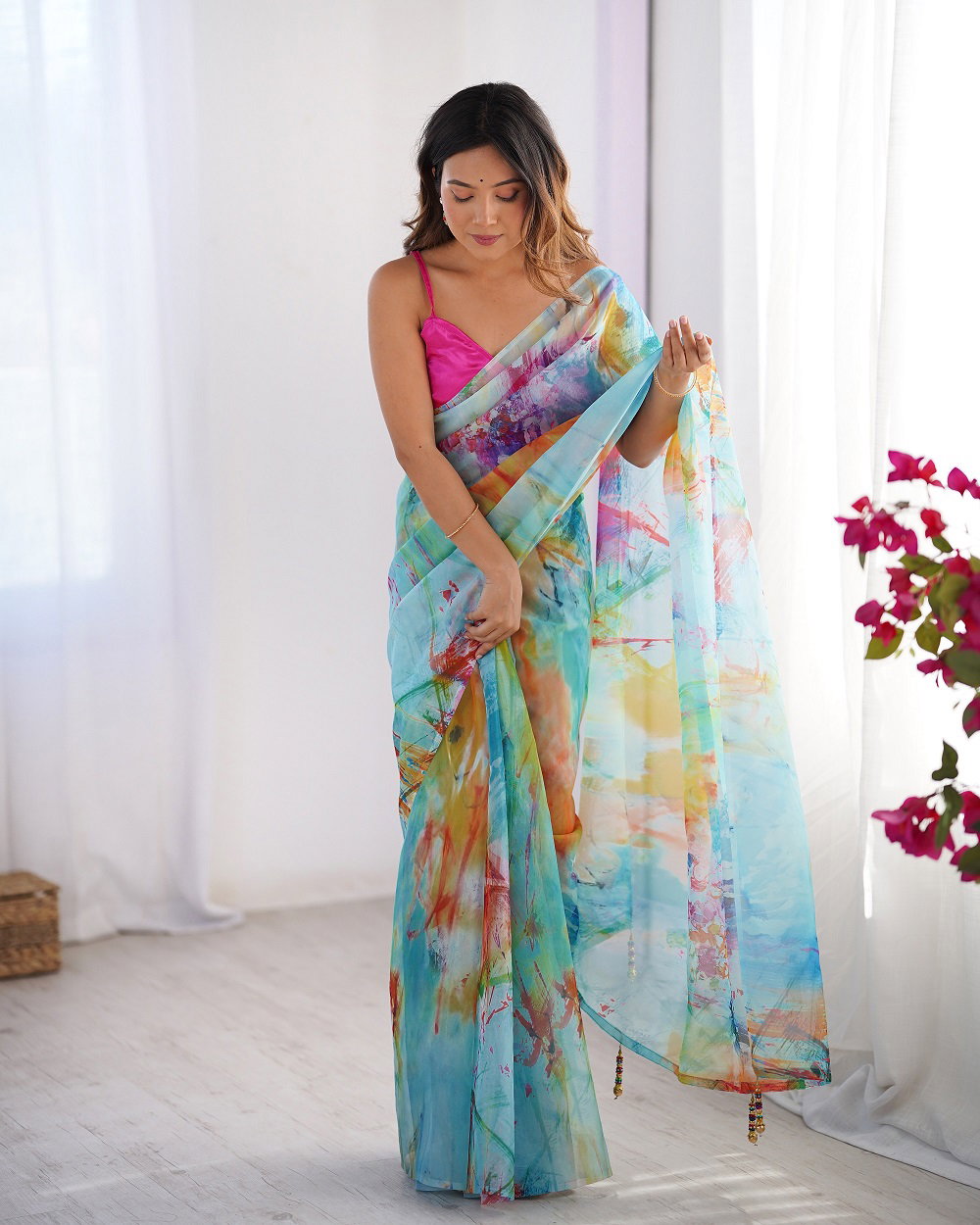 Ziva 45 Party Wear Flower Printed Organza Saree with Un Stitched Blouse