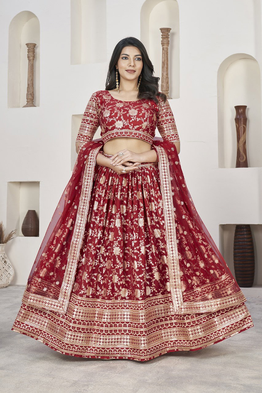 Aawiya Aalisha Vol 1 SKU 1011 Red Dola Jacquard Zari Sequins Embroidery Lehenga Choli