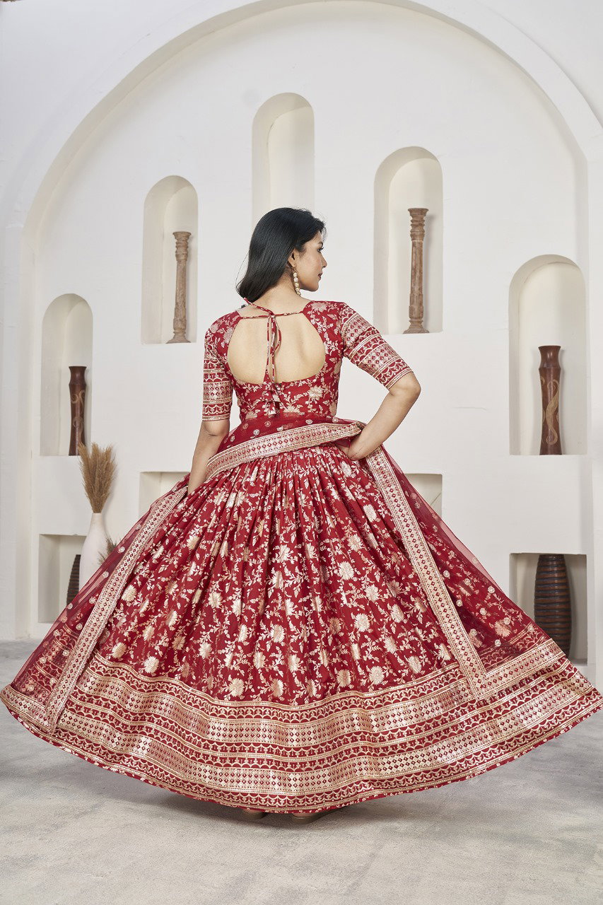 Aawiya Aalisha Vol 1 SKU 1011 Red Dola Jacquard Zari Sequins Embroidery Lehenga Choli