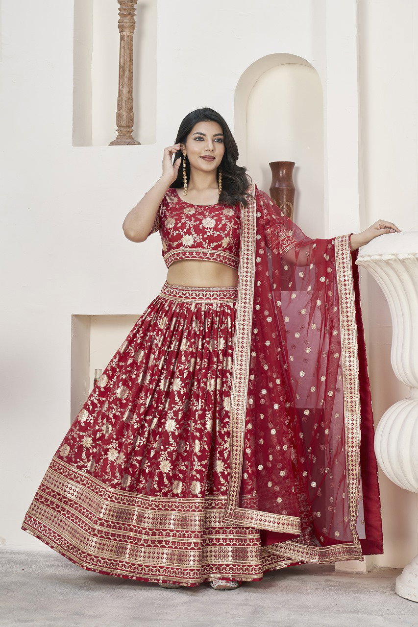 Aawiya Aalisha Vol 1 SKU 1011 Red Dola Jacquard Zari Sequins Embroidery Lehenga Choli