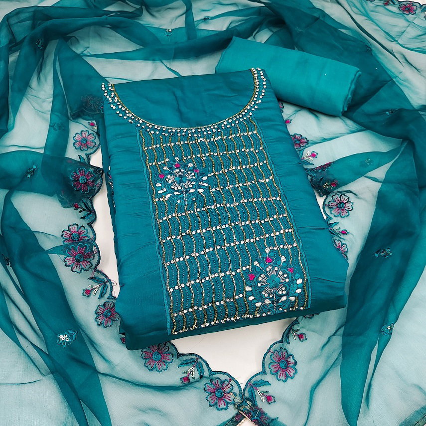 Kriti 11462 Party Wear Semi Stitched Embroidery Worked Roman Silk top with Bottom and Dupatta Suit