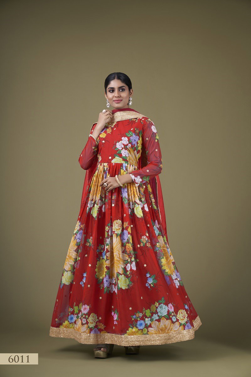 Aawiya Floral Vol 1 SKU 6011 Red Faux Georgette Flower Printed Gown Collection