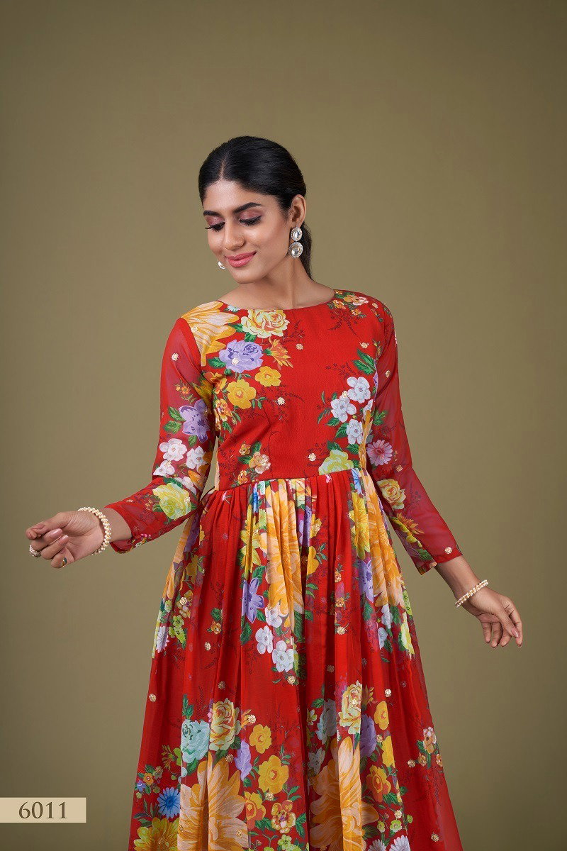 Aawiya Floral Vol 1 SKU 6011 Red Faux Georgette Flower Printed Gown Collection