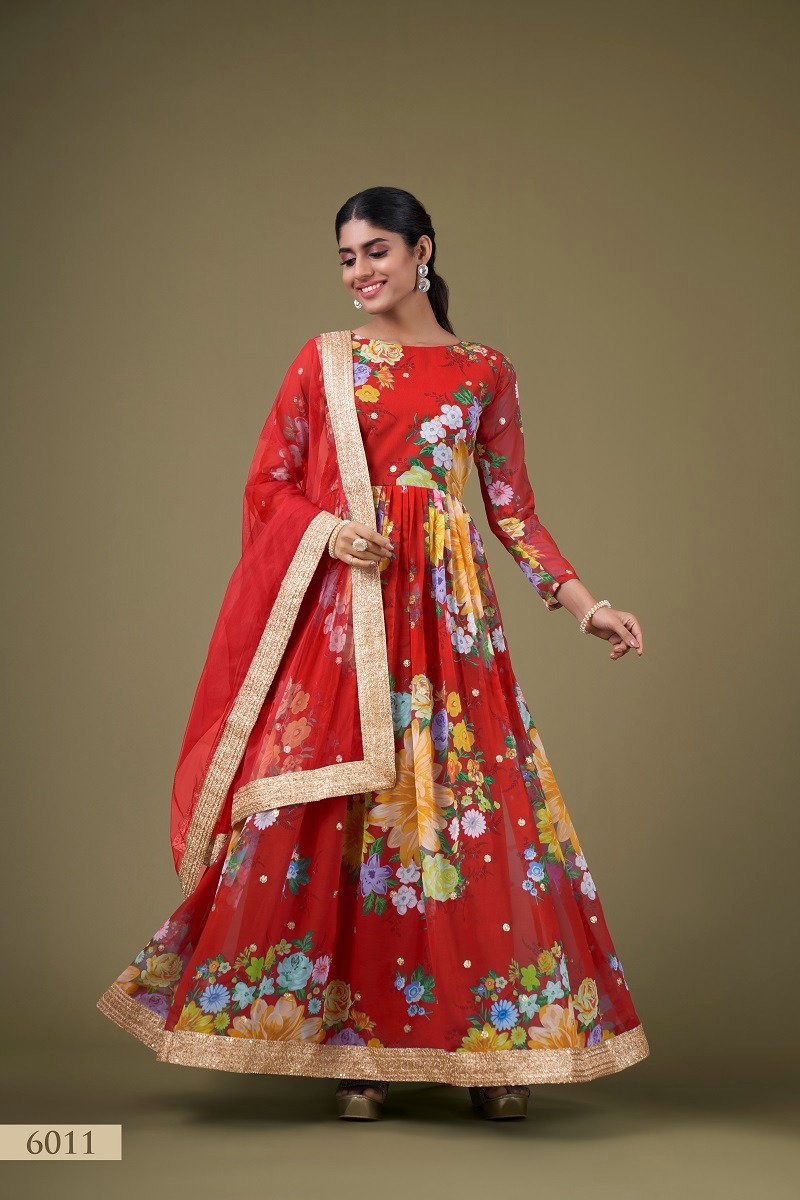 Aawiya Floral Vol 1 SKU 6011 Red Faux Georgette Flower Printed Gown Collection