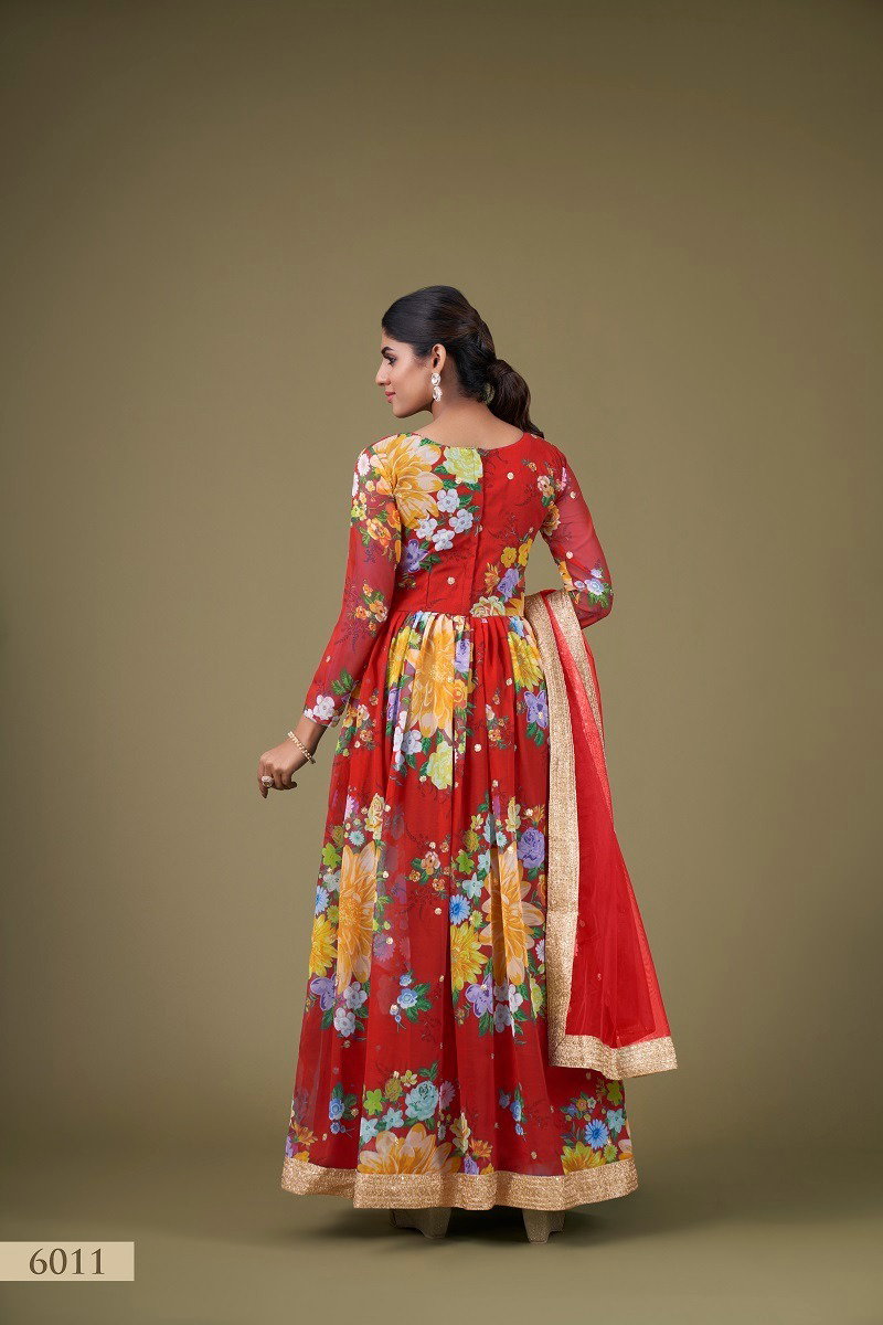 Aawiya Floral Vol 1 SKU 6011 Red Faux Georgette Flower Printed Gown Collection