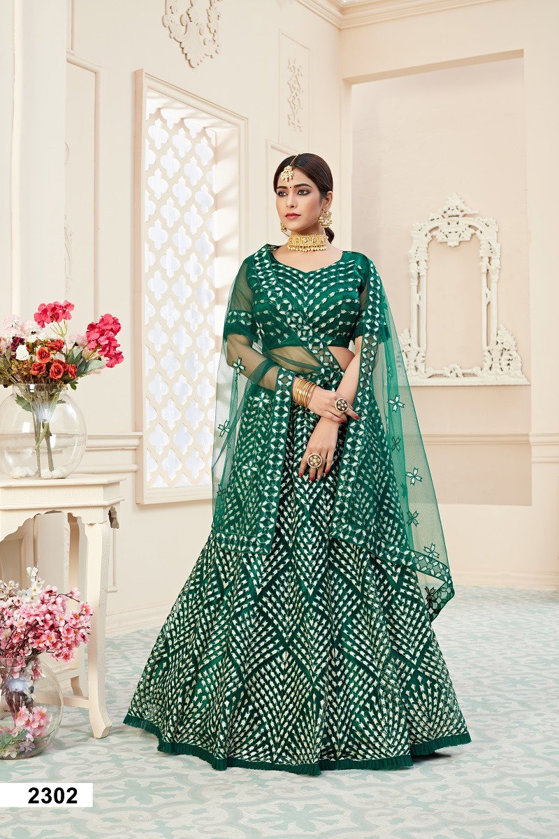 Aawiya Lihaaz Vol 01 2302 Green Soft Net Thread Embroidery Lehenga Choli
