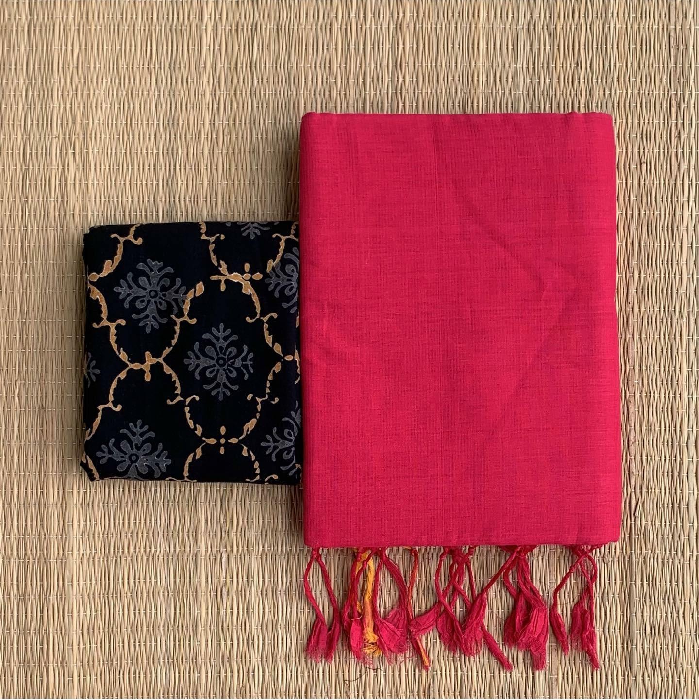 Lekha CF 101 B Khadi Cotton Plain Saree With Printed Blouse