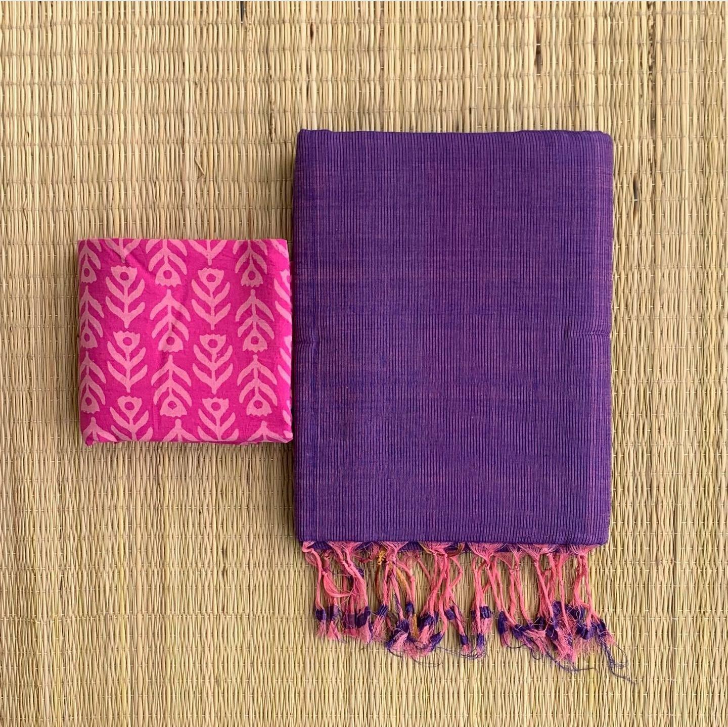 Lekha CF 101 B Khadi Cotton Plain Saree With Printed Blouse