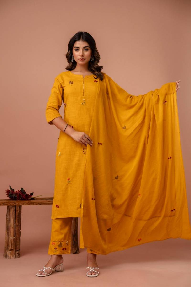 Naisha K 66 Cotton Slub Embroidered Kurti Bottom With Dupatta Collection