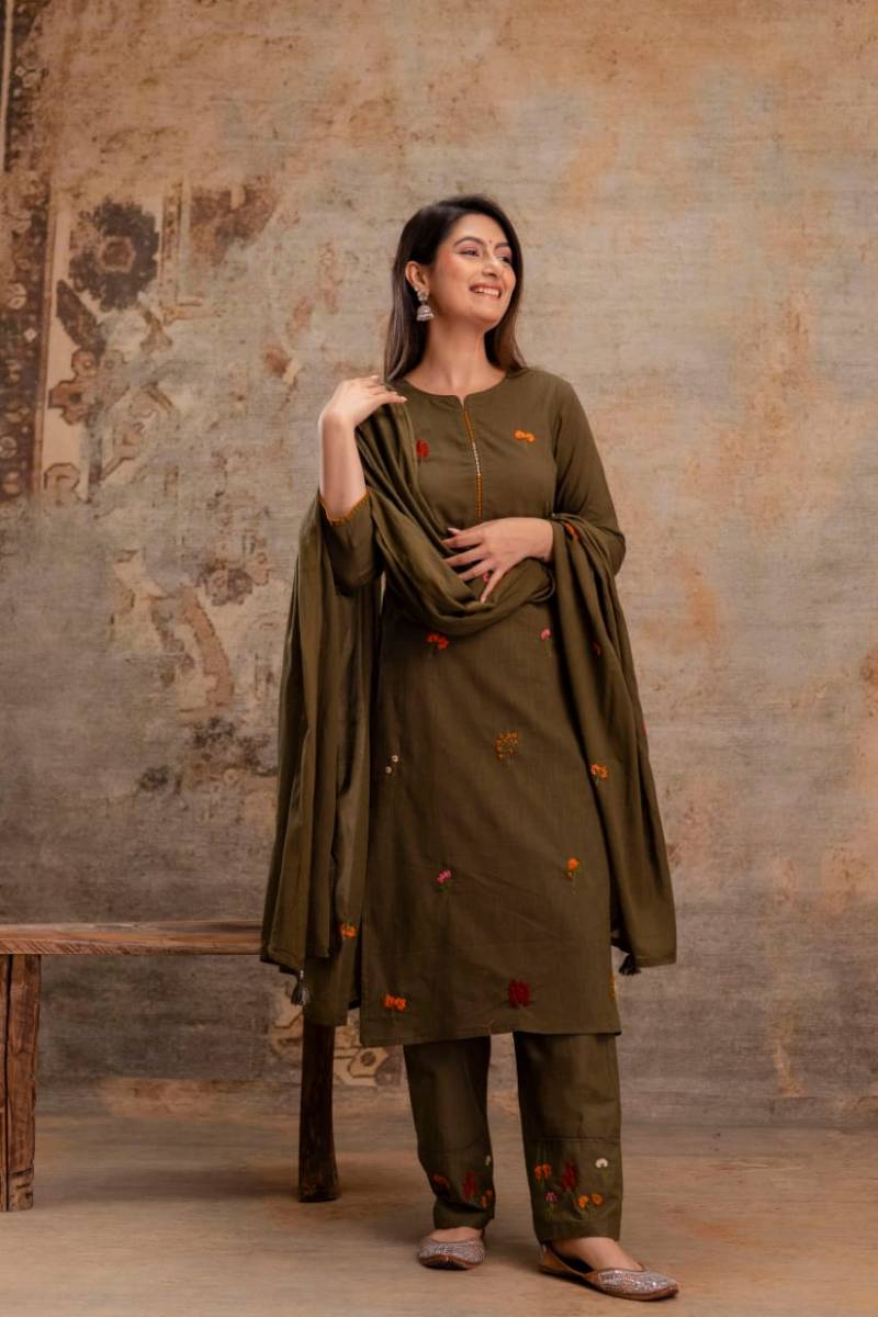 Naisha K 66 Cotton Slub Embroidered Kurti Bottom With Dupatta Collection