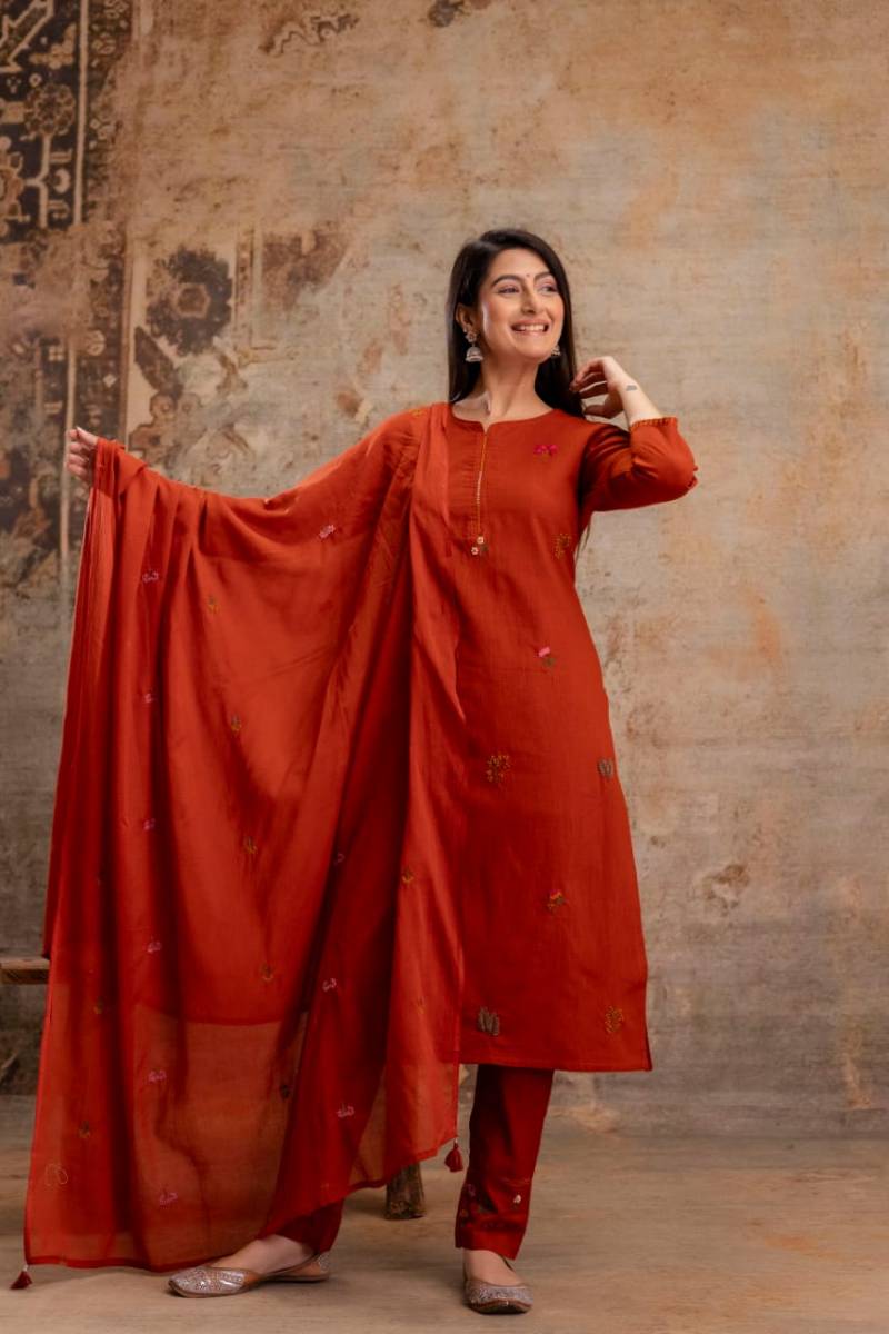 Naisha K 66 Cotton Slub Embroidered Kurti Bottom With Dupatta Collection
