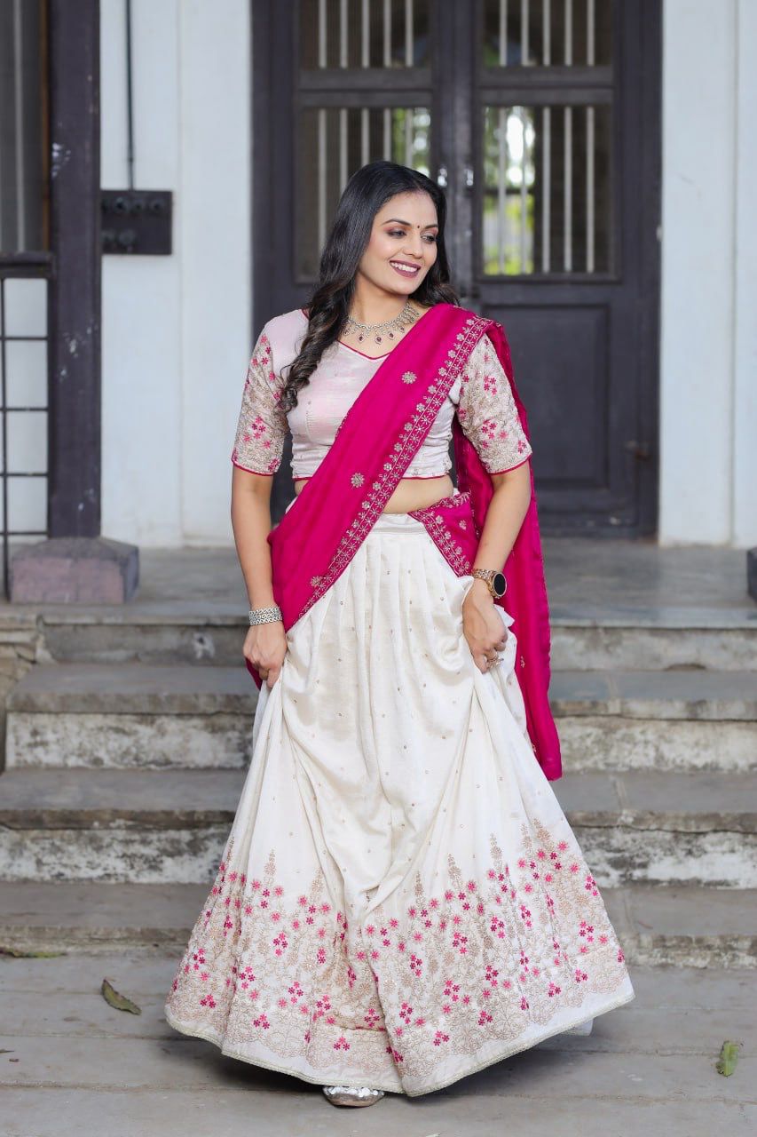 Scmd 03 White Vichitra Silk Sequins Embroidery Lehenga Choli