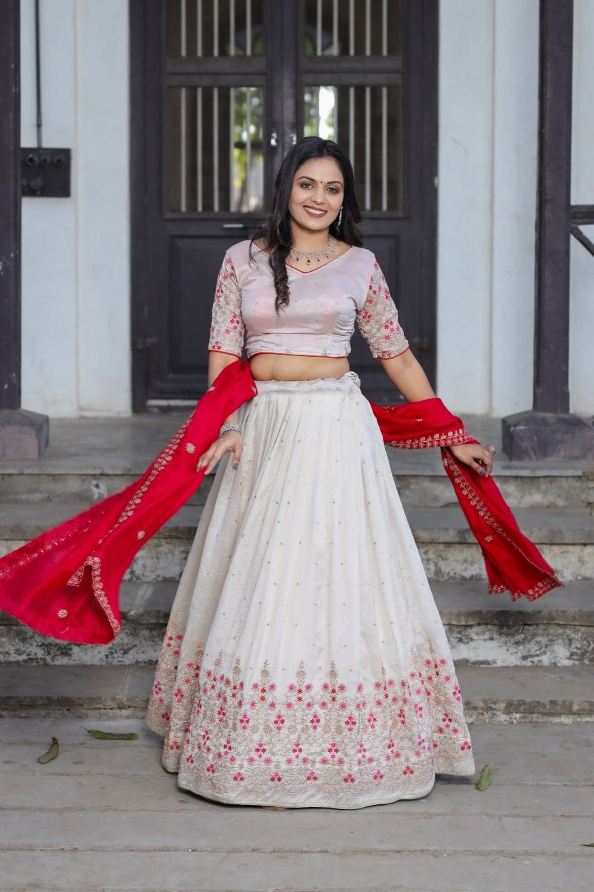 Scmd 03 White Vichitra Silk Sequins Embroidery Lehenga Choli