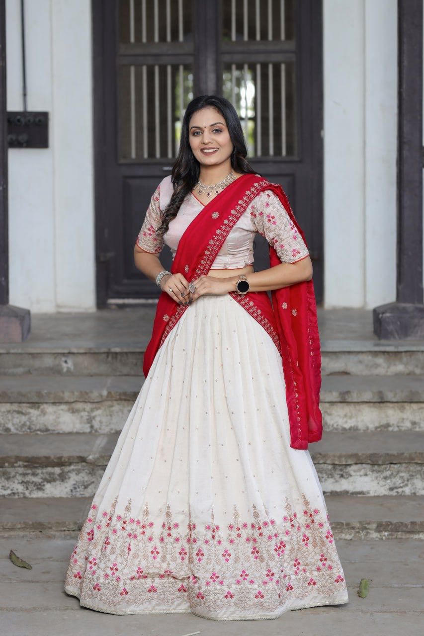Scmd 03 White Vichitra Silk Sequins Embroidery Lehenga Choli