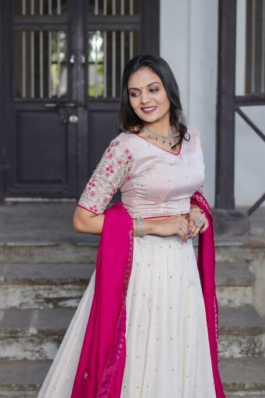 Scmd 03 White Vichitra Silk Sequins Embroidery Lehenga Choli