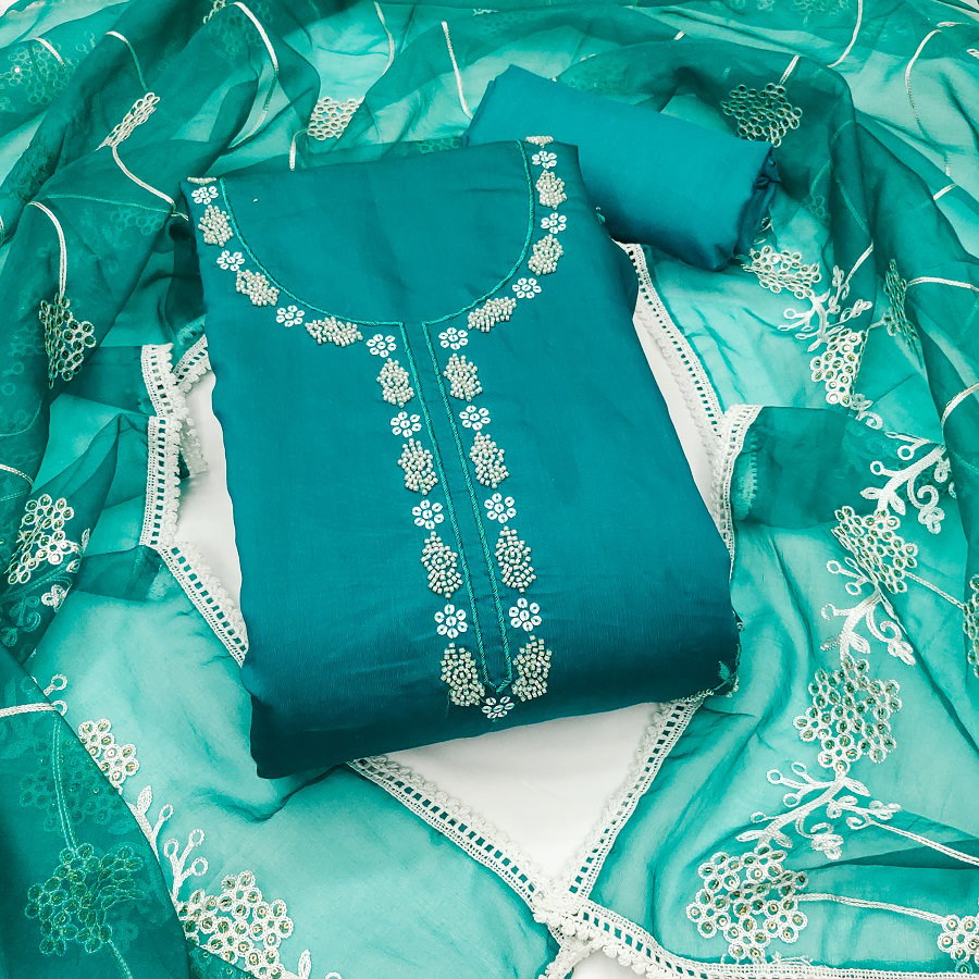 Kriti 11458 Party Wear Semi Stitched Handwork Embroidery Cotton Silk top with Bottom and Dupatta Suit