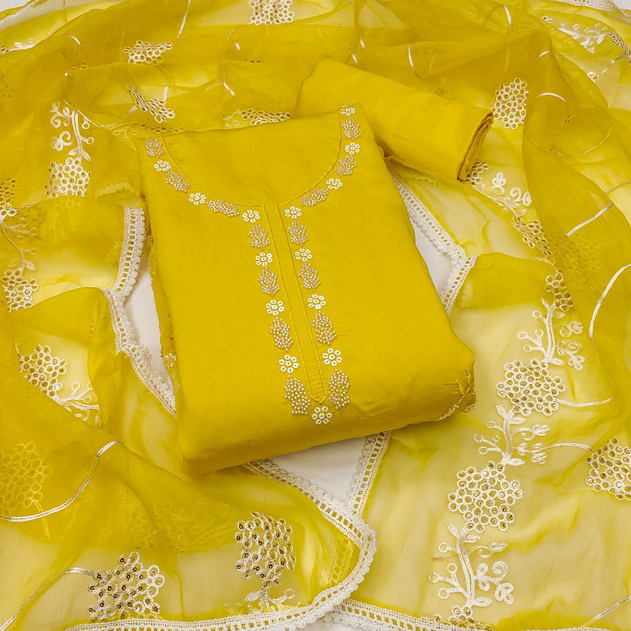 Kriti 11458 Party Wear Semi Stitched Handwork Embroidery Cotton Silk top with Bottom and Dupatta Suit