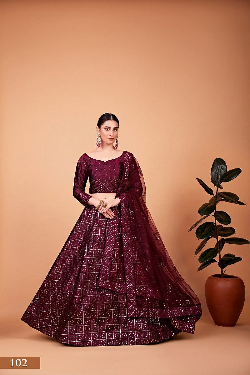 Aawiya Nayra Vol 1 SKU 102 Wine Tebi Silk Sequins Embroidery Lehenga Choli