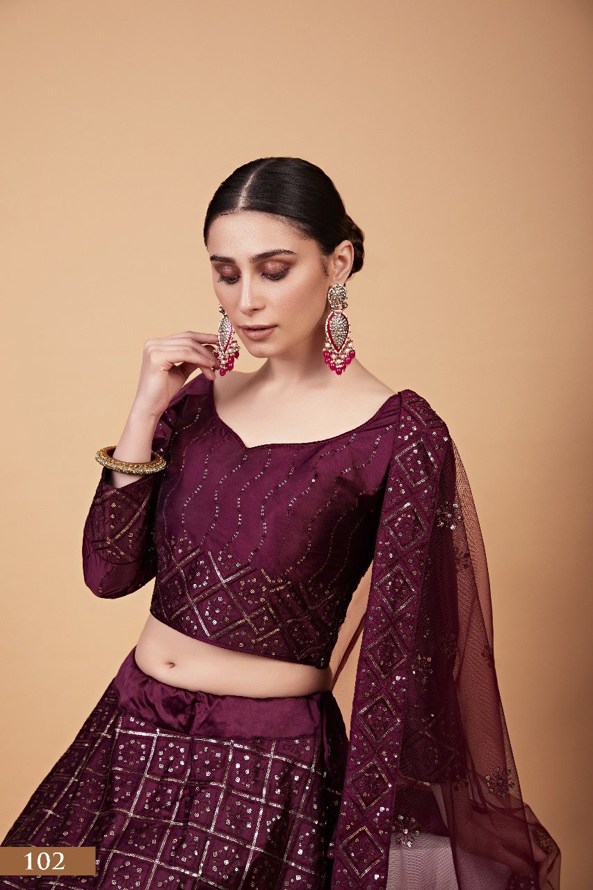 Aawiya Nayra Vol 1 SKU 102 Wine Tebi Silk Sequins Embroidery Lehenga Choli