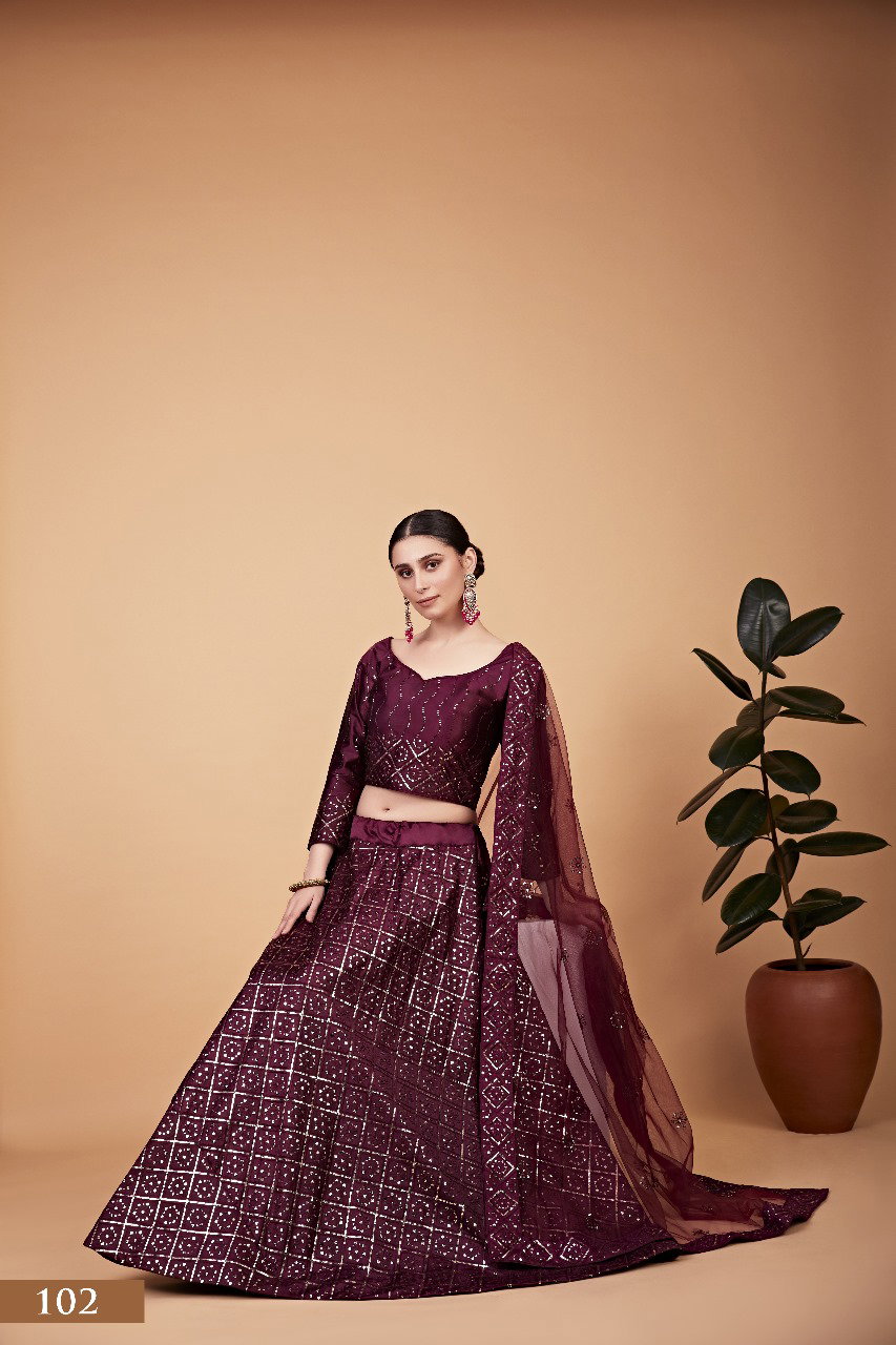 Aawiya Nayra Vol 1 SKU 102 Wine Tebi Silk Sequins Embroidery Lehenga Choli