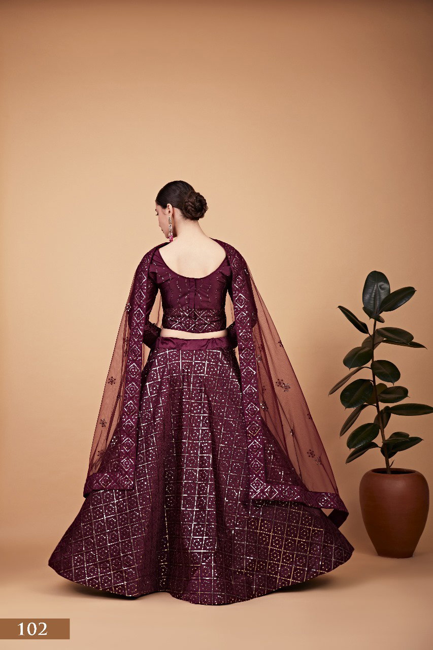 Aawiya Nayra Vol 1 SKU 102 Wine Tebi Silk Sequins Embroidery Lehenga Choli