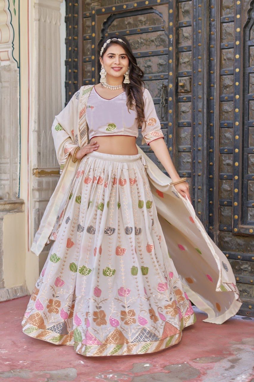 Scmd Hand Print Vichitra Sequins Thread Embroidery Hand Printed Lehenga Choli