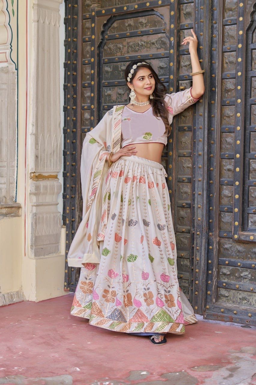 Scmd Hand Print Vichitra Sequins Thread Embroidery Hand Printed Lehenga Choli